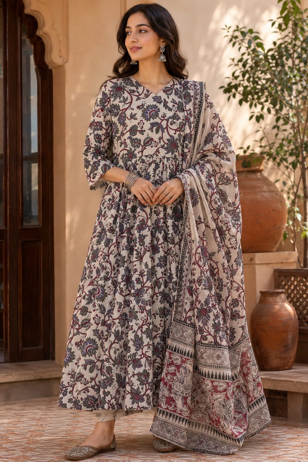 Authentic Kalamkari Graceful Gathered A – Line Kurti with Dupatta    – Breathable and Comfortable silk