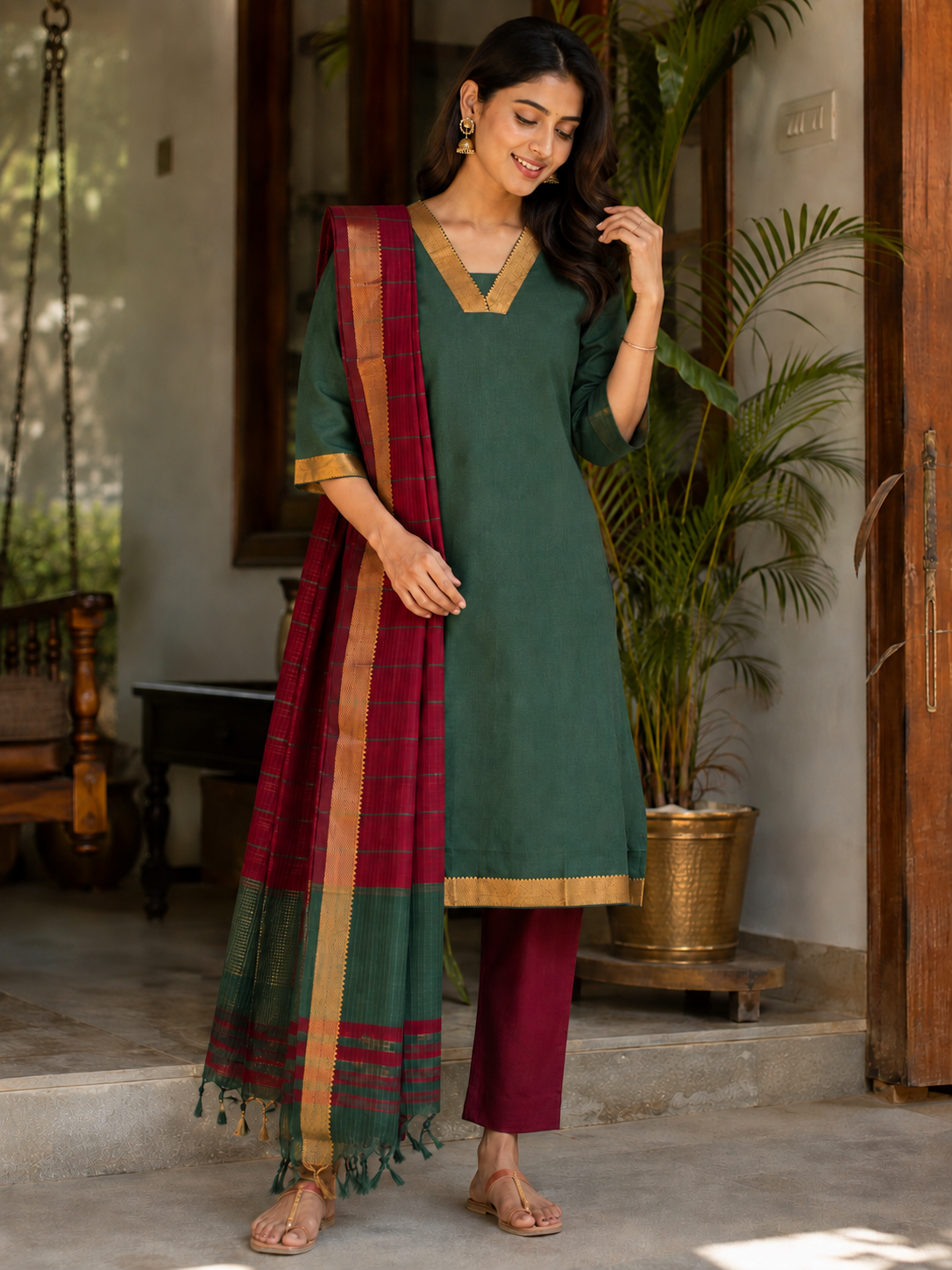 Emerald Heritage Kurti Set - Pure Mangalagiri Cotton Top length - 39 inches