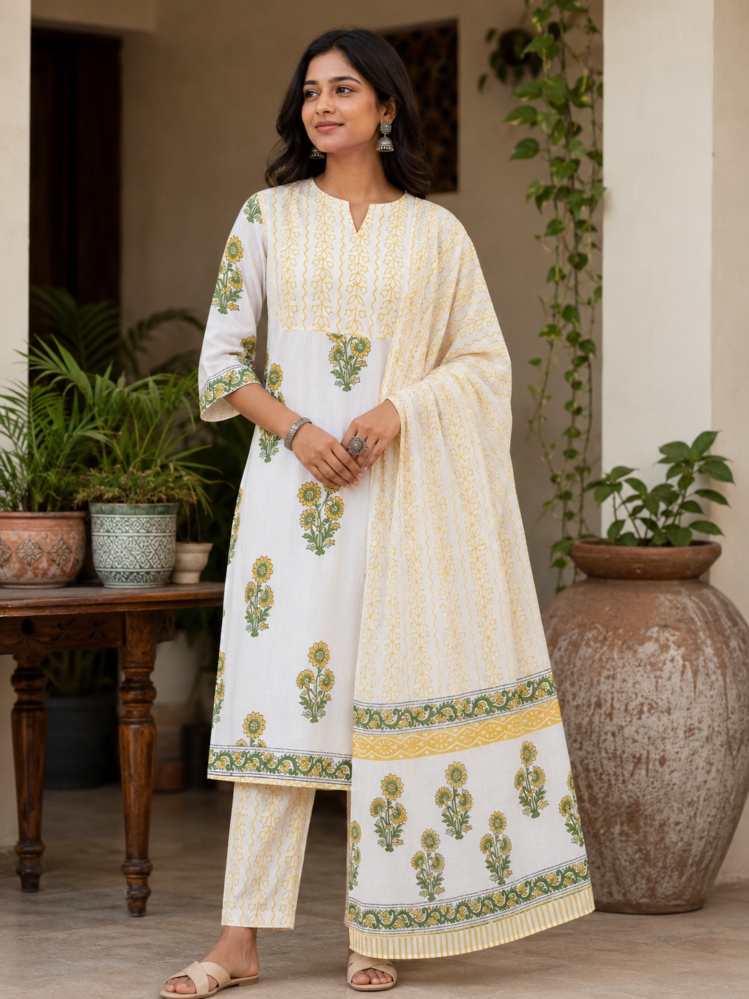 Sunlit Bloom Jaipur Cotton 3 Piece Suit Set - Breathable and Comfortable cotton