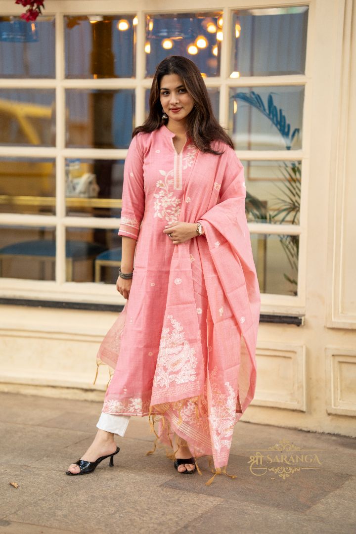 Blush Pink Jamdani Jute Silk Kurti & Dupatta Set