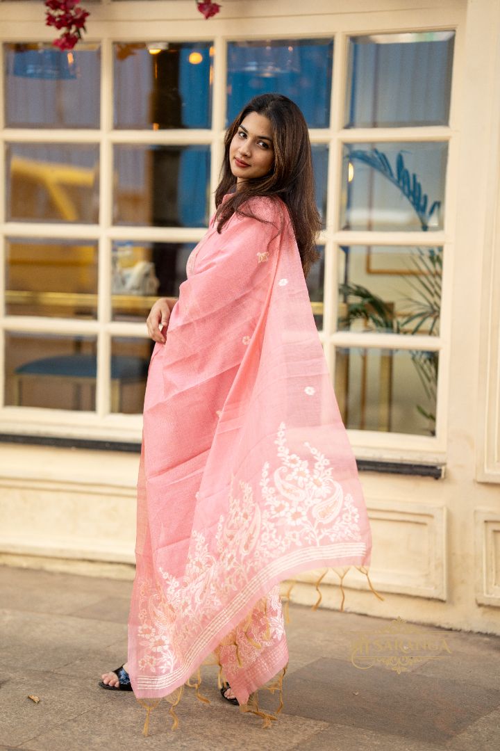 Blush Pink Jamdani Jute Silk Kurti & Dupatta Set