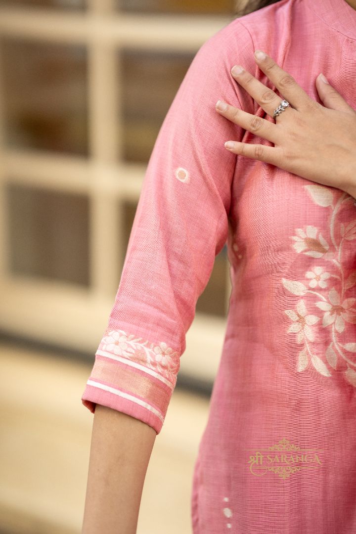 Blush Pink Jamdani Jute Silk Kurti & Dupatta Set