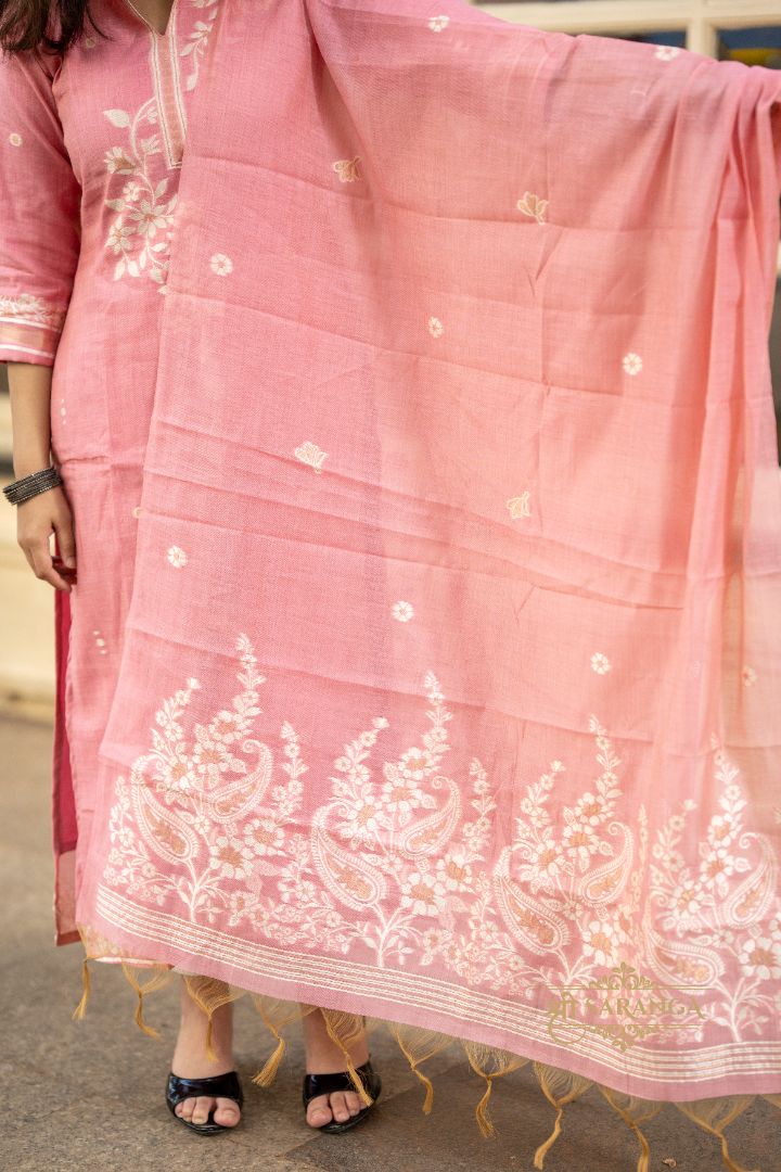 Blush Pink Jamdani Jute Silk Kurti & Dupatta Set