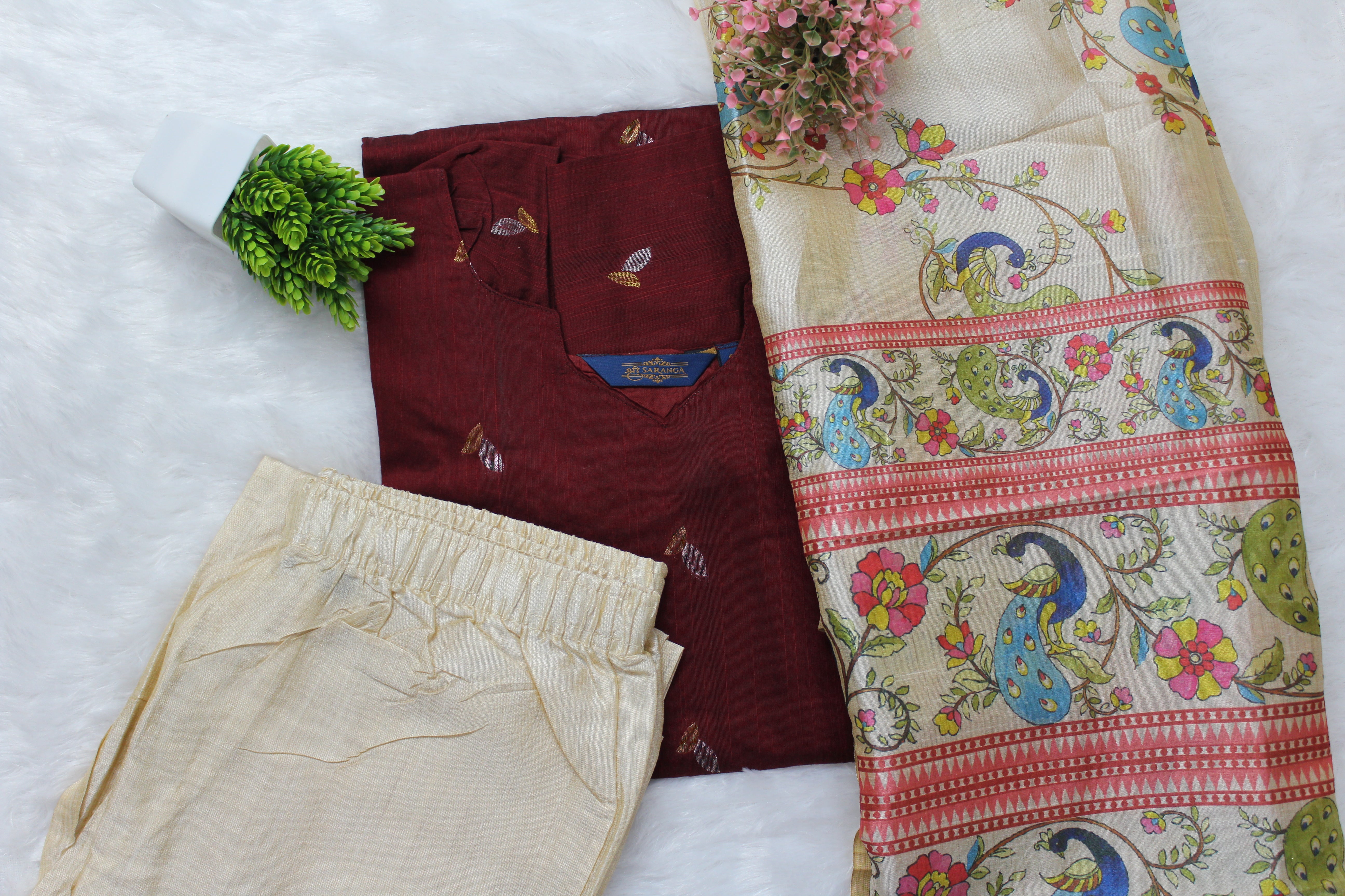 Royal Maroon Cotton Silk Suit Set with Printed Silk Dupatta