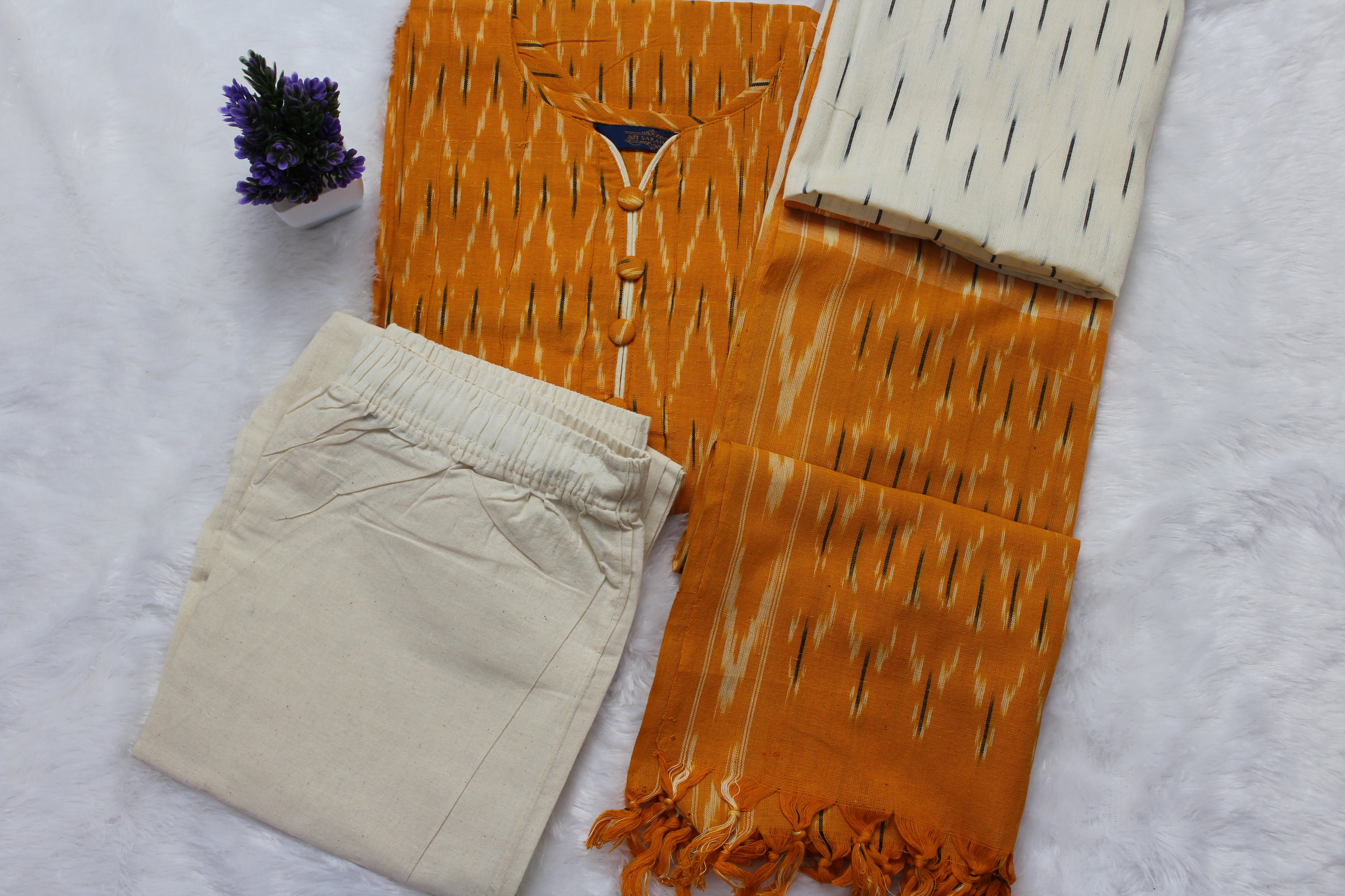Handcrafted Heritage Ikkat Cotton - 3 Piece Suit Set -  Breathable and Comfortable cotton