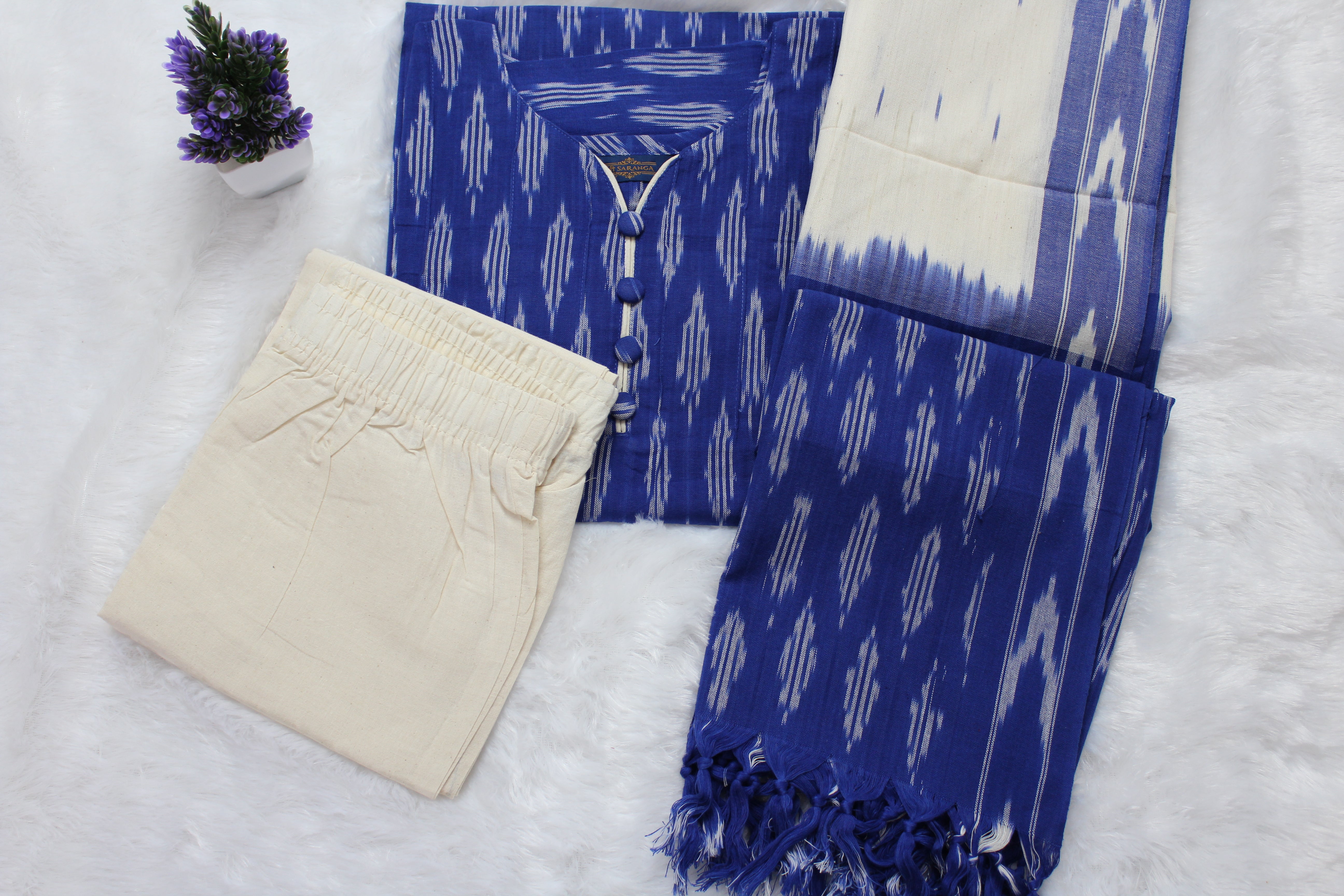 Handcrafted Heritage Ikkat Cotton - 3 Piece Suit Set -  Breathable and Comfortable cotton