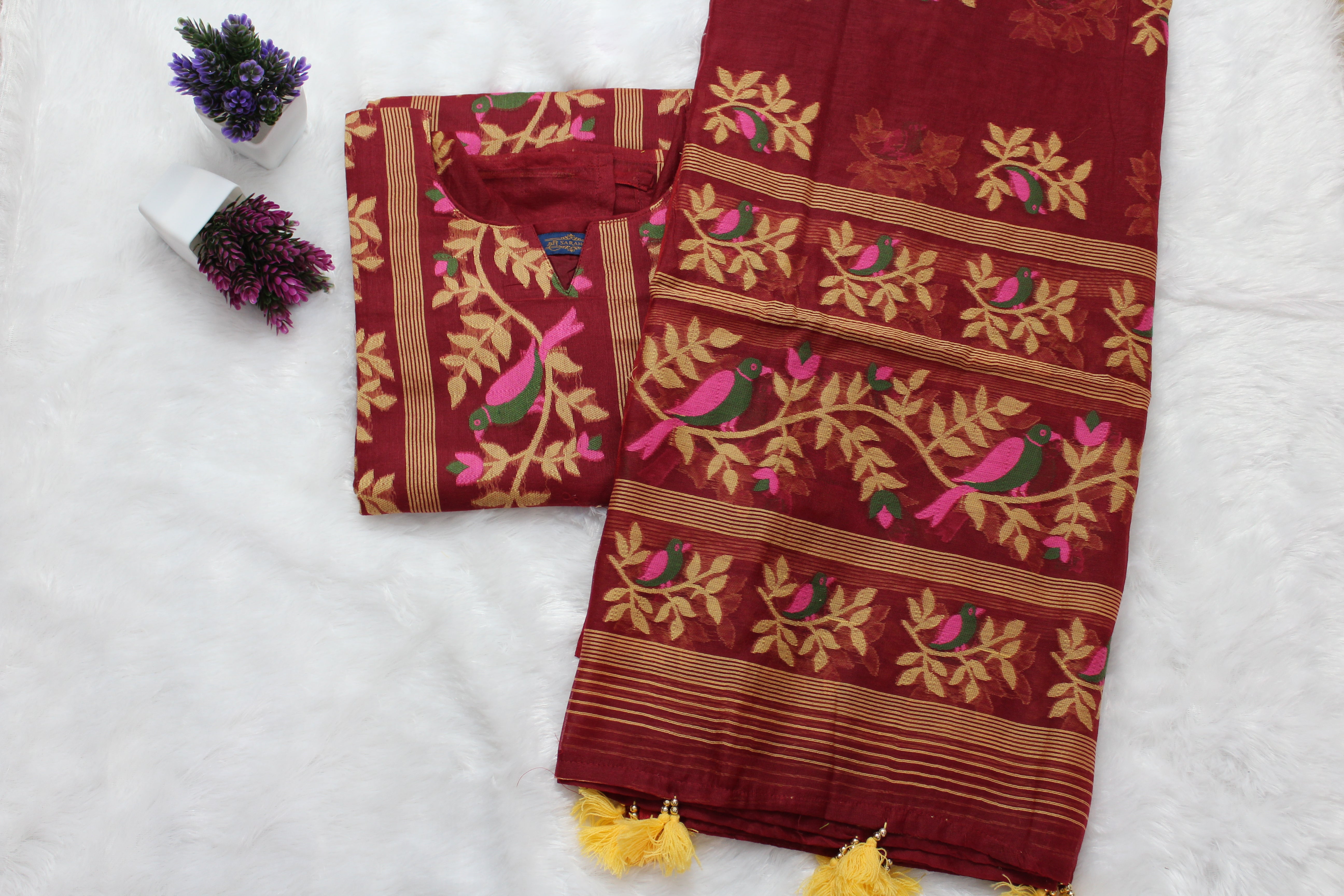 Songbird Cotton Silk Jamdani Kurta & Dupatta Set Maroon