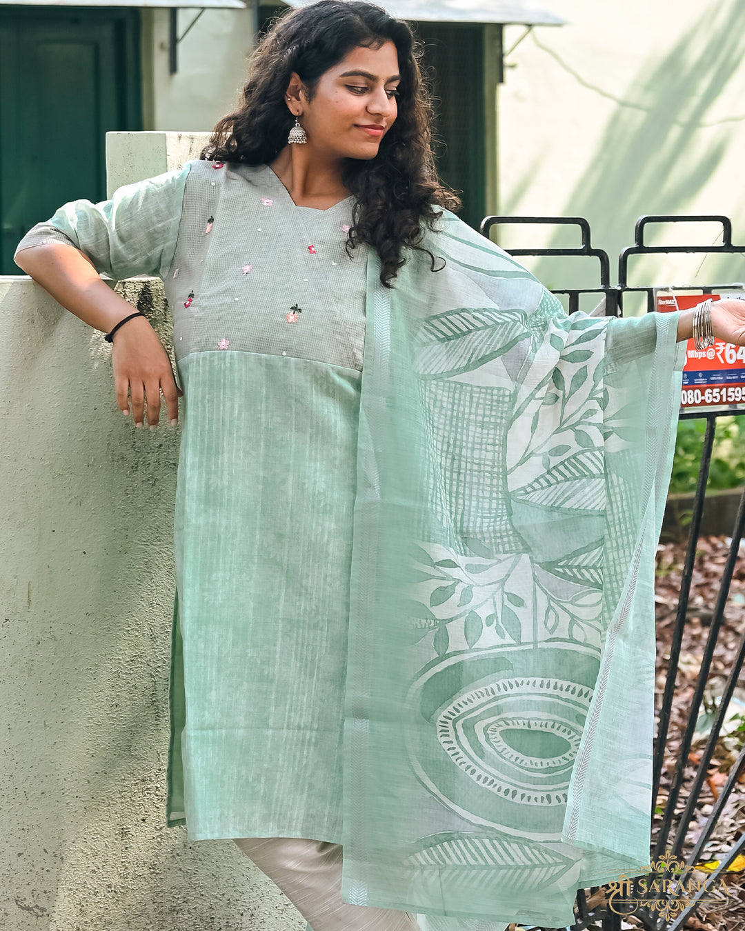 Line Cotton Embroided Top with Linen Cotton Printed Dupatta