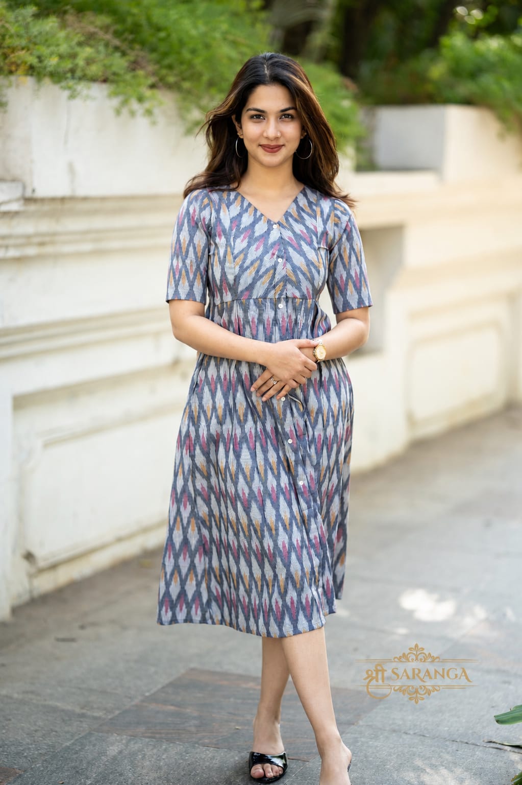 Pure Ikkat cotton Midi Dress With Pocket