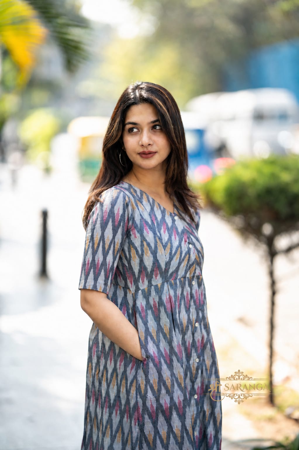 Pure Ikkat cotton Midi Dress With Pocket