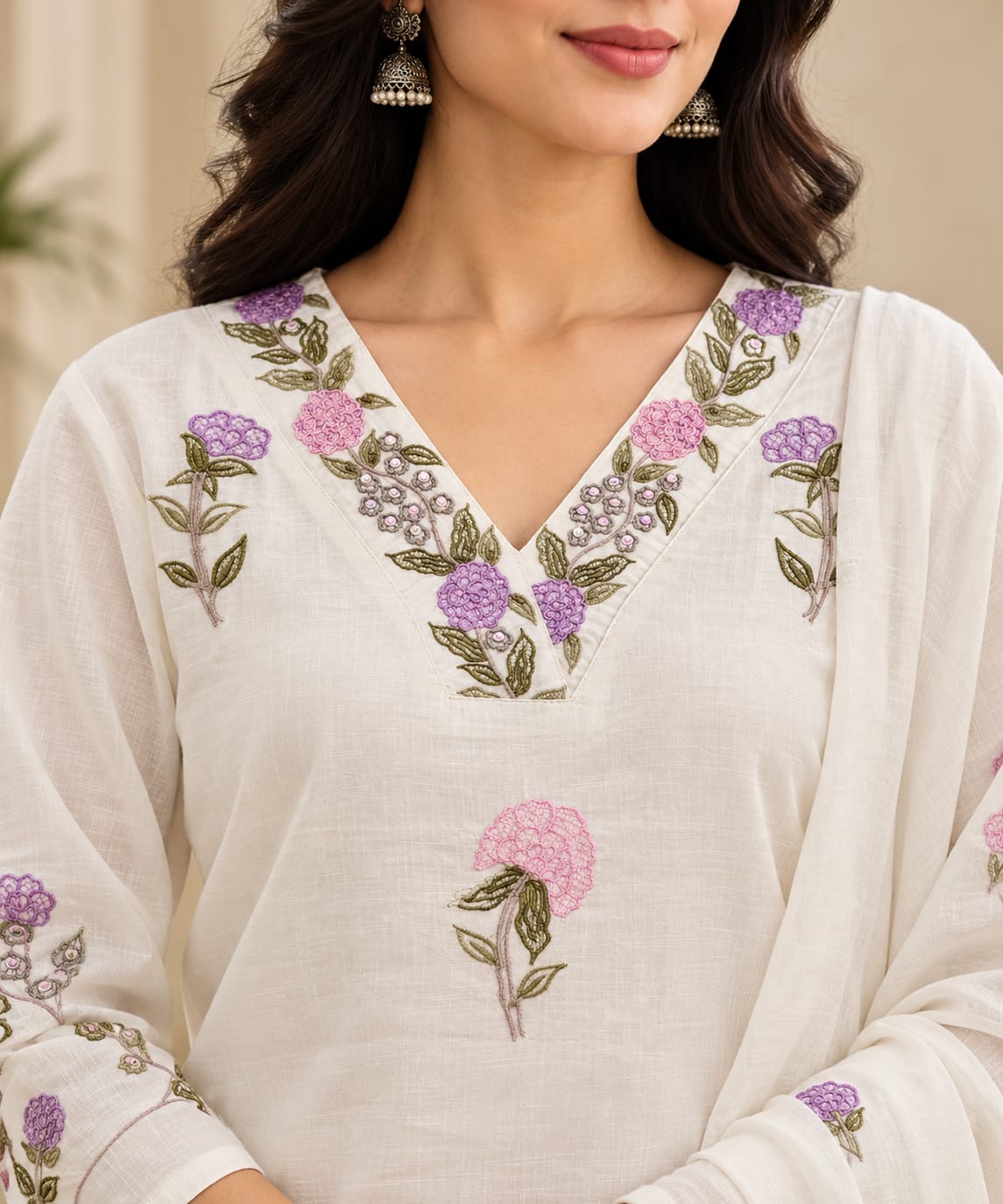 Ivory Floral Embroidered Cotton Suit Set