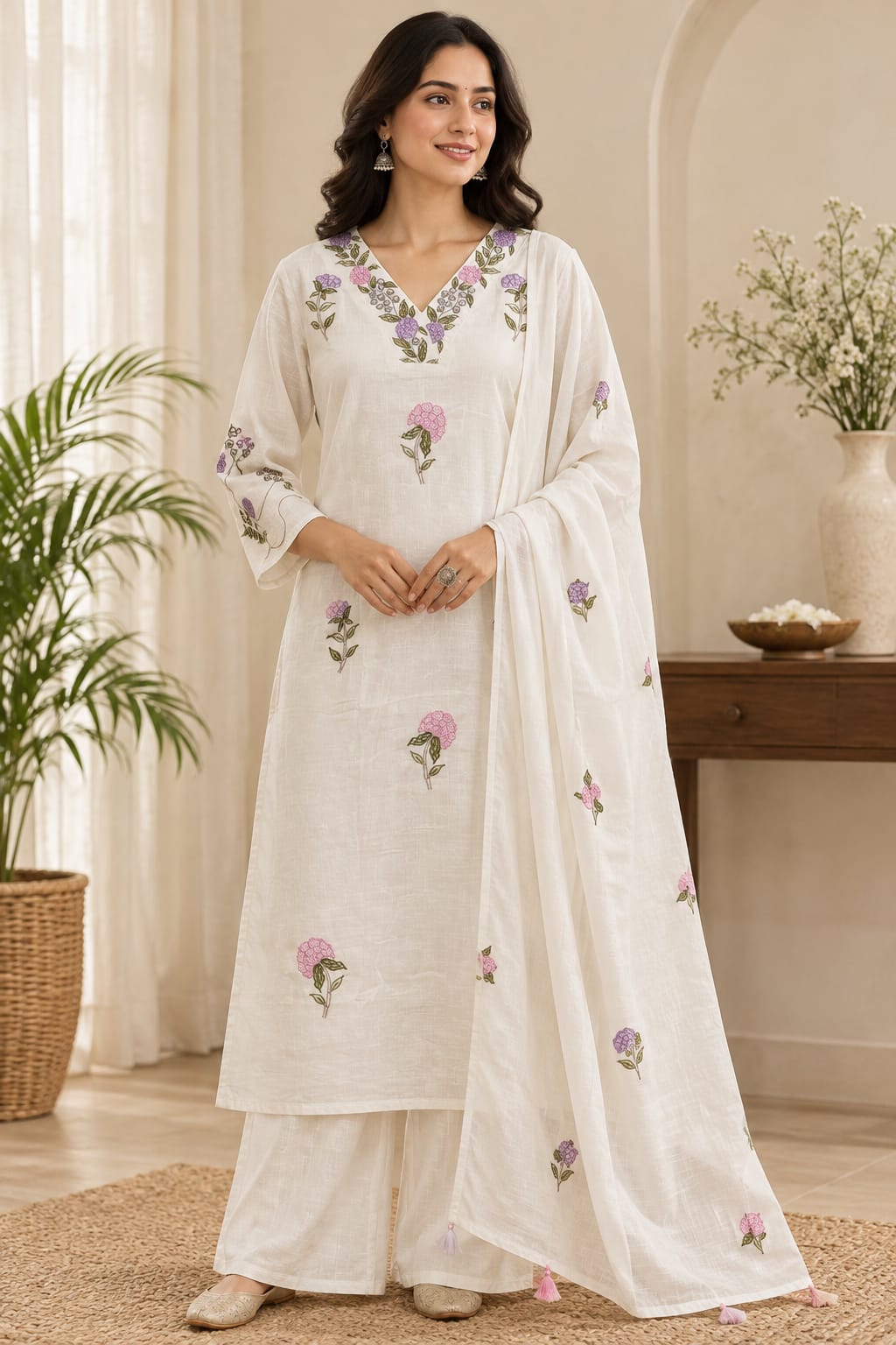 Ivory Floral Embroidered Cotton Suit Set