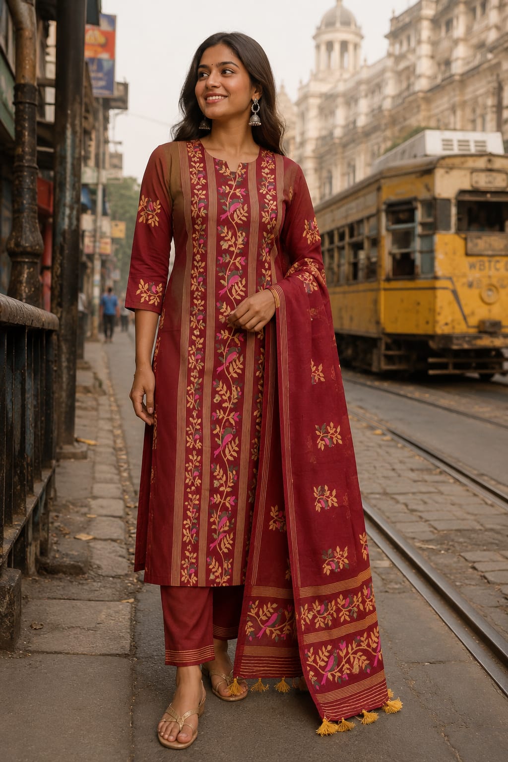 Songbird Cotton Silk Jamdani Kurta & Dupatta Set Maroon